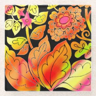 Neon Flowers Glass Coaster