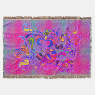 Neon Folk Art Rosemaling Bird & Leaves Throw Blanket