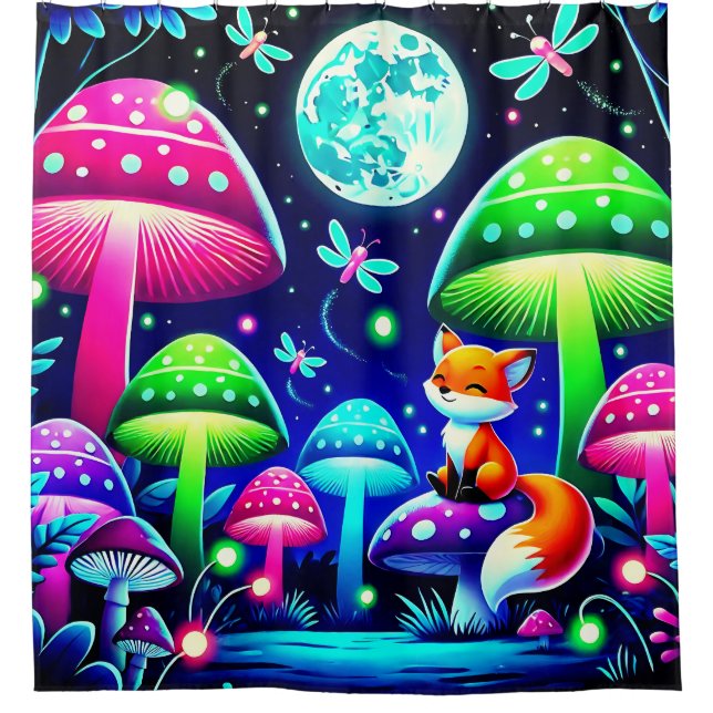Neon Forest Fantasy with Fox and Fireflies Shower Curtain (Front)