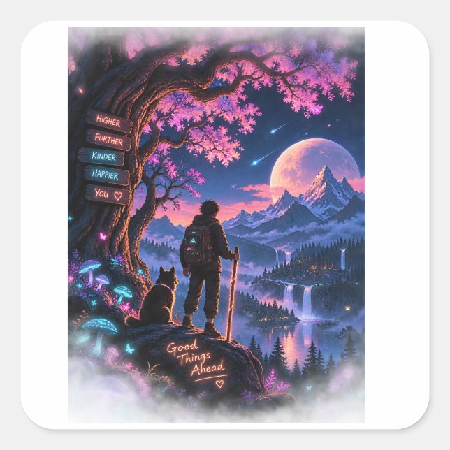 Neon Forest Wanderer Adventure Fantasy Square Sticker (Front)