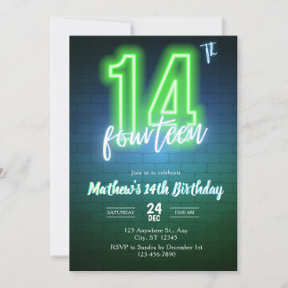 Neon fourteenth birthday Invitation