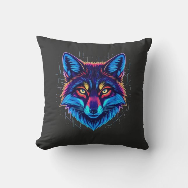Neon Fox Face – Vibrant Glowing Design Cushion (Front)
