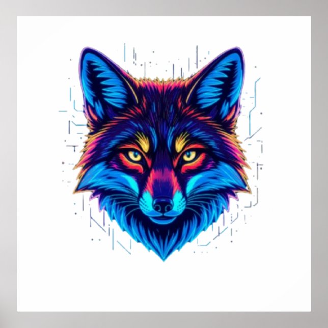 Neon Fox Face – Vibrant Glowing Design Poster (Front)
