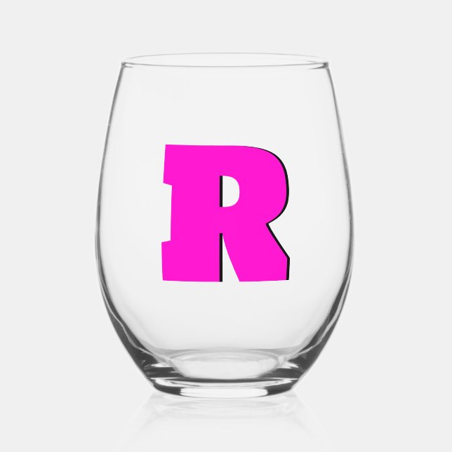 Neon Fuchsia Funny Modern Monogram Initial Letter Stemless Wine Glass (Front)
