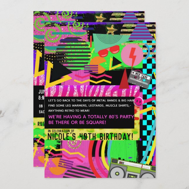 Neon Fun Bright Bold Colourful Funky 80's Party Invitation (Front/Back)