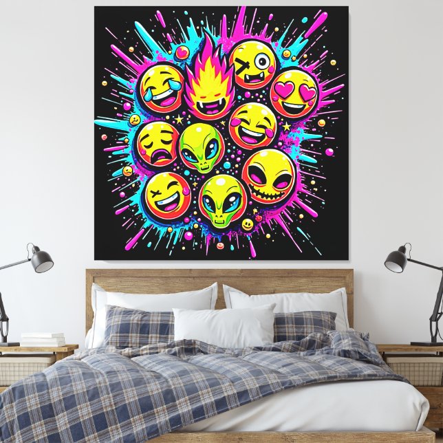 Neon Funky Emoji Mix Canvas Print (Insitu(Bedroom))