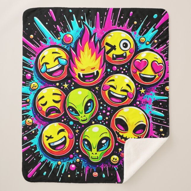 Neon Funky Emoji Mix Sherpa Blanket (Front)