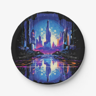 Neon Futuristic CyberScape Skyline Paper Plate