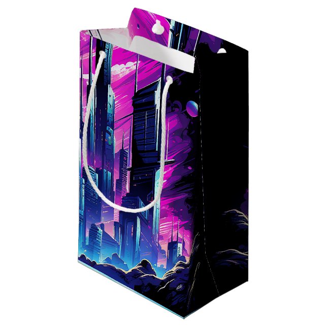 Neon Futuristic CyberScape Skyline Small Gift Bag (Front Angled)