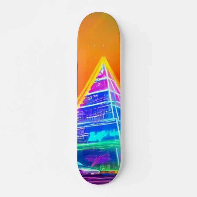 Neon Futuristic hologram Pyramid in Modern City Skateboard (Front)