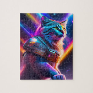 Neon Futuristic Sci-Fi Astronaut Cat Jigsaw Puzzle
