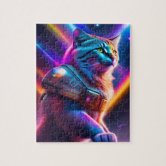 Neon Futuristic Sci-Fi Astronaut Cat Jigsaw Puzzle (Vertical)