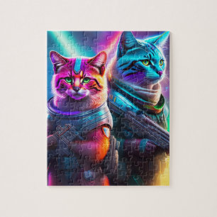 Neon Futuristic Sci-Fi Warriors Astronaut Cats Jigsaw Puzzle