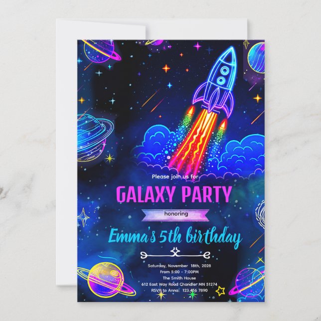 Neon Galaxy Space Birthday Invitation (Front)