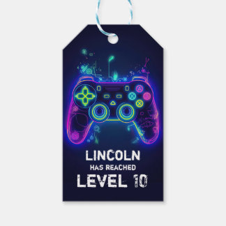 Neon Gamer Arcade Video Game Level Up Birthday Gift Tags