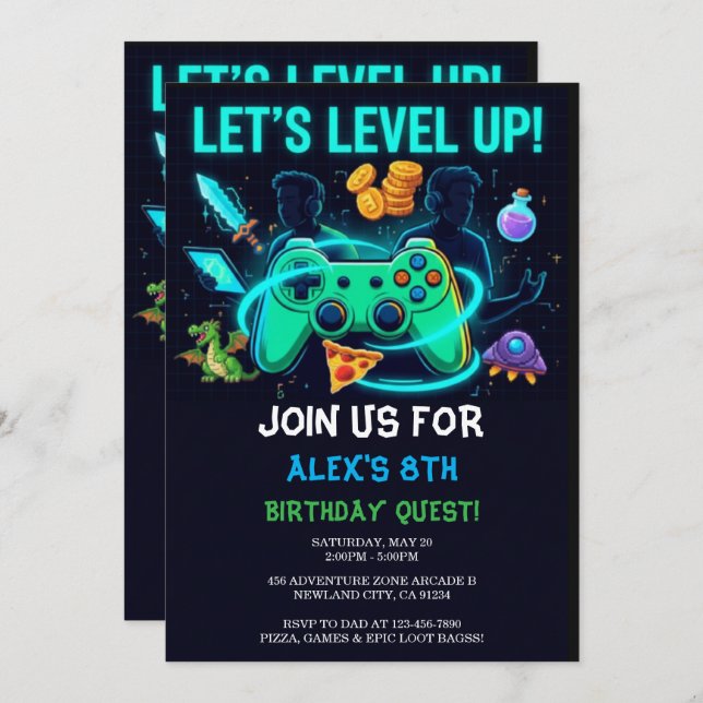 Neon Gamer Birthday Invitation Editable Template (Front/Back)