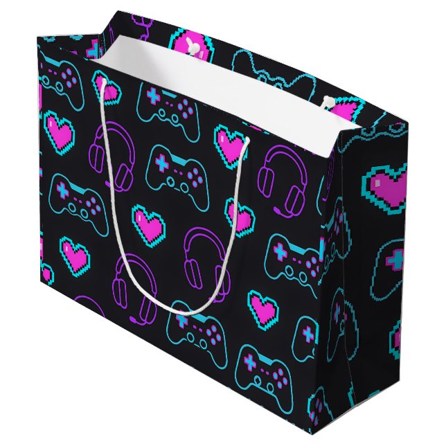 Neon Gamer Controller and Hearts Pattern Large Gift Bag (Back Angled)