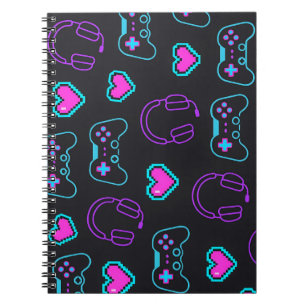 Neon Gamer Controller and Hearts Pattern Notebook