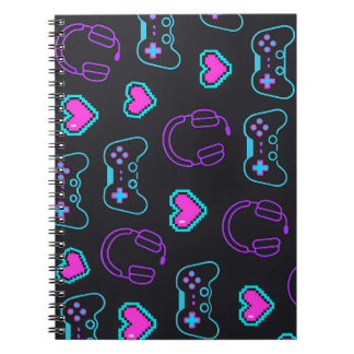 Neon Gamer Controller and Hearts Pattern Notebook
