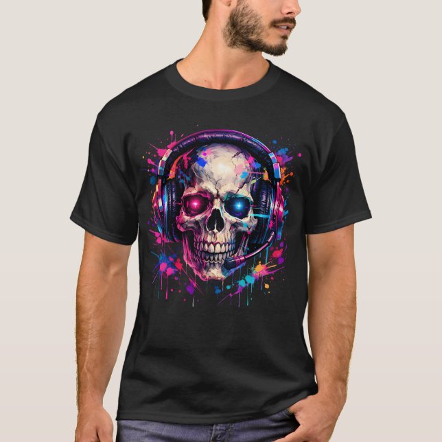 Neon Gamer Skull Graffiti Paint Splatter T-Shirt (Front)