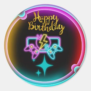 Neon Gaming Birthday Party Classic Round Sticker