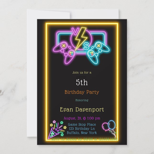 Neon Gaming Birthday Party  Invitation (Front)