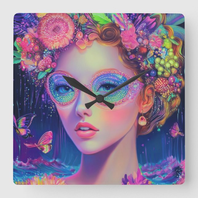 Neon Garden Goddess  Square Wall Clock (Front)