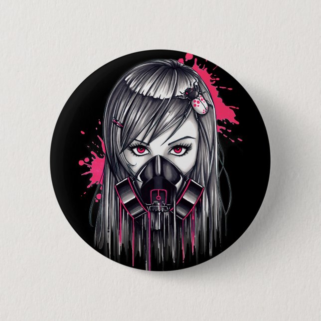 Neon Gas Mask Girl 6 Cm Round Badge (Front)