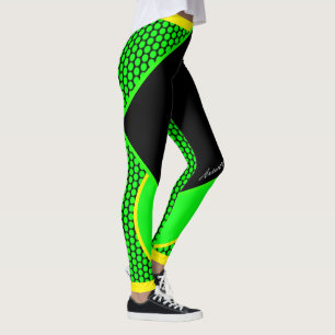 Neon Gelb Schwarz Grüne Punkte Streifen Leggings