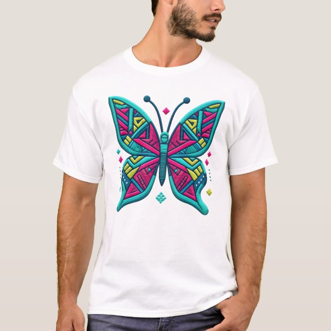 Neon Geo Butterfly Iron-On Patch Art T-Shirt (Front)