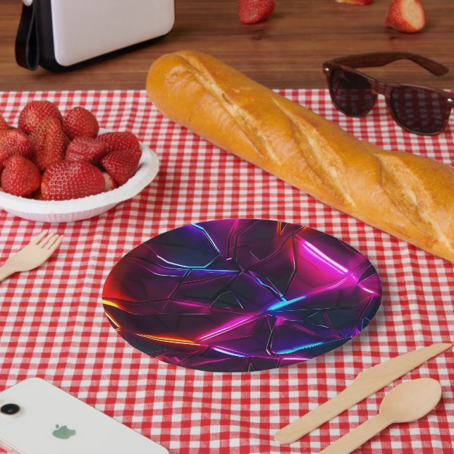 Neon Geometric Abstract Futuristic Cyberpunk Paper Plate (Picnic)