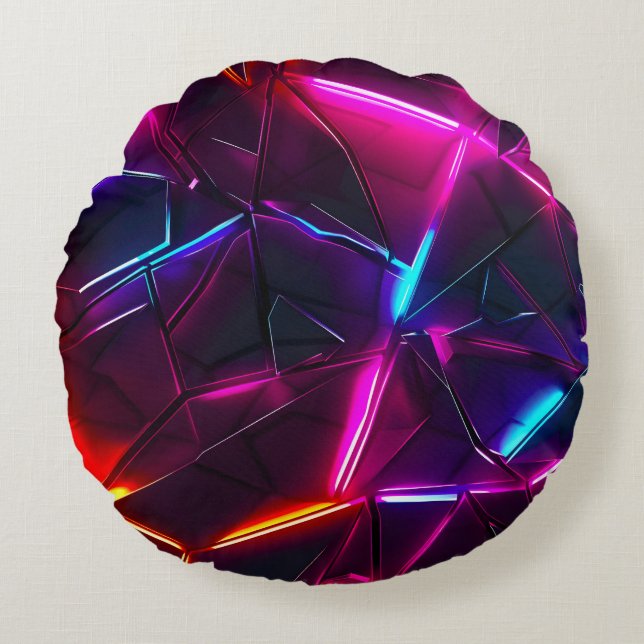 Neon Geometric Abstract Futuristic Cyberpunk Round Cushion (Front)