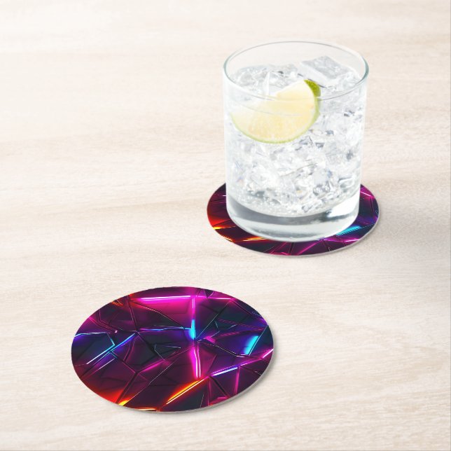Neon Geometric Abstract Futuristic Cyberpunk Round Paper Coaster (Insitu)