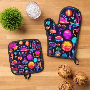 Neon Geometric Abstract Oven Mitt & Pot Holder Set