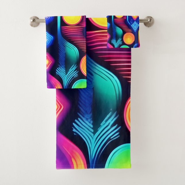 Neon Geometric Mandala Art Bath Towel Set (Insitu)