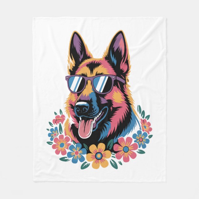 Neon German Shepherd with Sunglasses Fleece Blanket (Front)