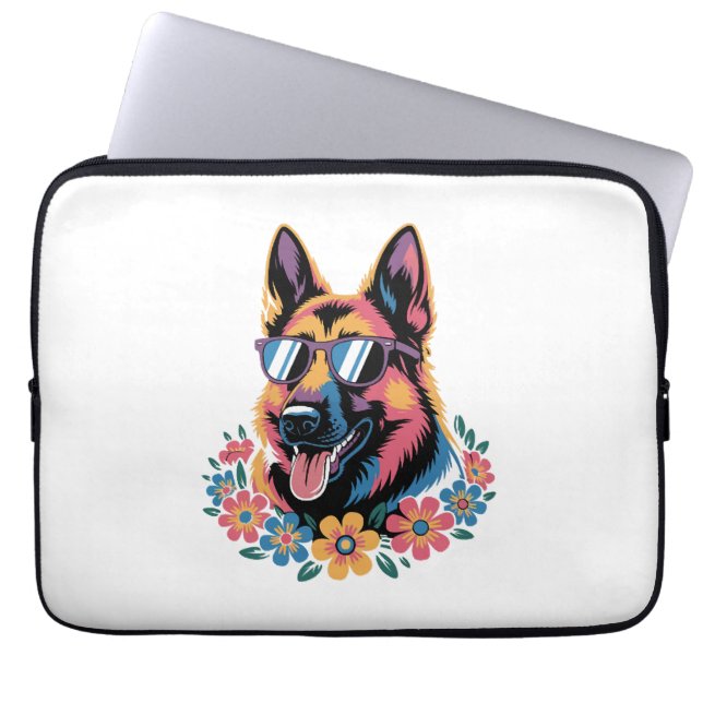 Neon German Shepherd with Sunglasses Laptop Sleeve (Front)