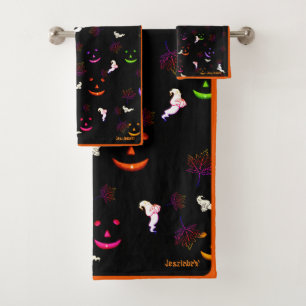 Neon Ghosts and Pumpkin Smiles Halloween Bath Towel Set
