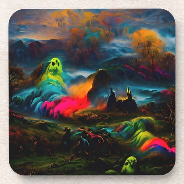 Neon Ghosts in a Haunted Fantasy Landscape Coaster (Front)