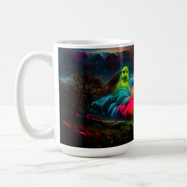 Neon Ghosts in a Haunted Fantasy Landscape Coffee Mug (Left)