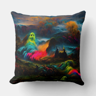 Neon Ghosts in a Haunted Fantasy Landscape Cushion