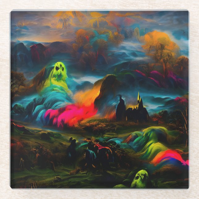 Neon Ghosts in a Haunted Fantasy Landscape Glass Coaster (Front)