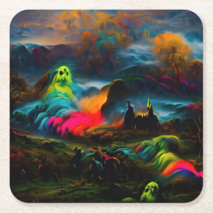 Neon Ghosts in a Haunted Fantasy Landscape Square Paper Coaster