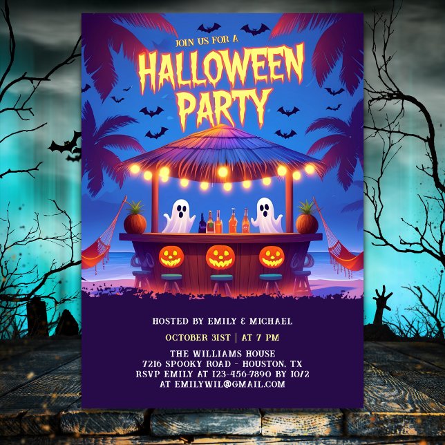 Neon Ghosts & Pumkins Tropical Bar Halloween Party Invitation (Neon Ghosts & Pumkins Tropical Bar Halloween Party Invitation)