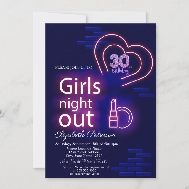 Neon Girls Night Out 30th Birthday Party   Invitation (Front)