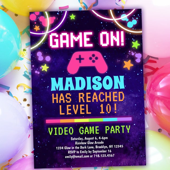 Neon Girls Video Game Birthday Party Invitation (Creator Uploaded)