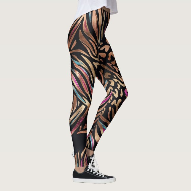 Neon Glam Animal Mix Tiger Leopard Pattern Leggings (Right)
