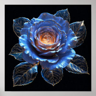 💙 Neon Glass Blue Rose Glowing Fantasy Floral Art Poster