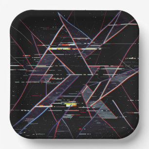  Neon Glitchcore Geometric Shapes on Black Paper Plate