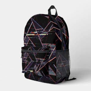 Neon Glitchcore Geometric Shapes on Black Printed Backpack